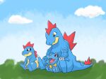 blue_sky claws clouds croconaw evolutionary_line fangs feraligatr mimi_livly no_humans nostrils open_mouth outdoors pokemon pokemon_(creature) red_eyes sharp_teeth sitting sky teeth totodile yellow_eyes 