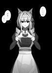  1girl animal_ears apron arknights black_background black_eyes cat_ears expressionless greyscale heart heart_hands highres juliet_sleeves kal&#039;tsit_(arknights) keiosu4 long_sleeves maid maid_apron maid_headdress moe_moe_kyun! monochrome puffy_sleeves 