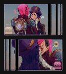  2girls alternate_costume andrea_salonga artist_name blue_eyes blue_hair caitlyn_(league_of_legends) closed_eyes closed_mouth eyebrow_cut hat highres kiss league_of_legends multiple_girls pink_hair sidecut steampunk vi_(league_of_legends) yuri 