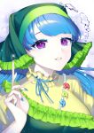  1girl absurdres apron blue_hair blue_nails blue_ribbon bubble commentary_request dress eyebrows_hidden_by_hair frills green_apron green_headwear haniyasushin_keiki head_scarf highres holding jewelry long_hair looking_at_viewer magatama magatama_necklace nail_polish necklace open_mouth pearl_necklace pink_eyes ribbon single_strap smile solo tools touhou user_pymc8558 white_background yellow_dress 