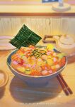  absurdres bowl chopsticks clam commentary counter creature english_commentary food food_focus gwagwagwa highres no_humans noodles nori_(seaweed) original pixiv_username ramen realistic shadow still_life table teapot watermark wooden_table 