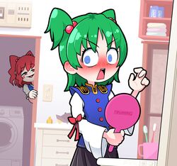  2girls blue_eyes blush borrowed_hairstyle buttons caught epaulettes green_hair hair_bobbles hair_ornament highres mirror multiple_girls onozuka_komachi red_eyes redhead shiki_eiki solidus_(sword_cube) toothbrush touhou twintails 