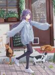  1girl animal blue_eyes cat cat_cafe closed_mouth day door full_body grey_sweater highres leaf long_hair looking_at_viewer menu_board naxile original outdoors pantyhose purple_hair ribbed_sweater road shop shorts sleeves_past_wrists smile solo street sweater walking white_footwear 