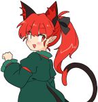  1girl animal_ears blush cat_ears cat_tail dress extra_ears green_dress highres ini_(inunabe00) kaenbyou_rin long_hair long_sleeves open_mouth red_eyes redhead simple_background smile solo tail touhou white_background 