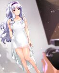  breasts camera dress hanamasa_ono headband highres idolmaster idolmaster_(classic) idolmaster_million_live! idolmaster_million_live!_theater_days long_hair looking_at_viewer photo_shoot photographer shijou_takane violet_eyes white_dress white_hair 