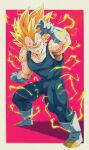  1boy arm_up bare_shoulders biceps blonde_hair blue_bodysuit bodysuit boots border bure_(fantasticyouth7) collarbone dragon_ball dragon_ball_z electricity energy full_body gloves green_eyes highres looking_at_viewer male_focus muscular muscular_male outside_border parted_bangs pectorals red_background shadow simple_background sleeveless sleeveless_bodysuit smile solo spiky_hair standing super_saiyan super_saiyan_1 v-shaped_eyebrows vegeta veins white_border white_footwear white_gloves widow&#039;s_peak 