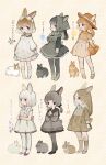  6+girls :3 absurdres animal animal_ears apron black_bow black_eyes black_footwear blue_flower blunt_bangs blush boater_hat boots bow brown_hair collared_dress commentary_request dot_mouth dress flower footwear_ribbon frilled_dress frills gloves gradient_hair grey_dress grey_eyes grey_hair grey_pantyhose hair_bow hand_on_own_chest hand_up hands_up hat head_scarf highres long_hair long_sleeves looking_ahead multicolored_hair multiple_girls open_mouth orange_dress orange_footwear orange_hair original own_hands_together pantyhose personification plaid plaid_dress polka_dot polka_dot_background rabbit rabbit_ears rabbit_girl rabbit_tail red_eyes red_footwear sakutake_(ue3sayu) smile socks tail translation_request two-tone_hair white_bow white_dress white_footwear white_hair white_pantyhose 