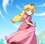  1girl absurdres blonde_hair blue_eyes crown dress earrings elbow_gloves gloves highres jewelry long_dress long_hair pink_dress pink_lips princess_peach sasaki_sakiko skirt_hold smile solo super_mario_bros. white_gloves 