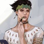  1boy applying_makeup black_hair brown_choker choker cosmetics diamond_wa_kudakenai earrings green_eyes green_lips green_nails highres holding holding_lipstick_tube jewelry jojo_no_kimyou_na_bouken kishibe_rohan lips lipstick lipstick_tube makeup male_focus meron_nouka nail_polish parted_lips ring shirt solo teeth upper_body upper_teeth_only white_shirt 