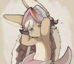  1other absurdres androgynous animal_ears blunt_bangs body_fur brown_fur ears_through_headwear furry green_eyes helmet highres horizontal_pupils made_in_abyss multicolored_pants nanachi_(made_in_abyss) other_focus siroa solo tail topless whiskers white_hair 