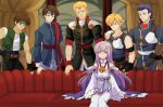  1girl 5boys absurdres blush clueless commission commissioner_upload couch curtains diarmuid_(fire_emblem) febail_(fire_emblem) fire_emblem fire_emblem:_genealogy_of_the_holy_war fire_emblem:_thracia_776 fire_emblem_heroes highres iuchar_(fire_emblem) iucharba_(fire_emblem) julia_(fire_emblem) lester_(fire_emblem) light_purple_hair meme multiple_boys naughty_face piper_perri_surrounded_(meme) rs40uchiha smile violet_eyes window 