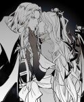  1boy 1girl alucard_(castlevania) bow cape castlevania castlevania:_symphony_of_the_night closed_mouth gloves grel_(r6hgvu5) greyscale hair_ribbon imminent_kiss long_hair looking_at_viewer maria_renard monochrome ribbon simple_background very_long_hair waist_bow 