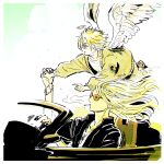  2boys angel_wings black_jacket blonde_hair bracelet car cigarette clouds daybit_sem_void driving fate/grand_order fate_(series) feathered_wings floating_hair flying halo jacket jewelry long_hair looking_to_the_side male_focus motor_vehicle multiple_boys nobicco open_clothes open_jacket orange-tinted_eyewear shirt short_hair simple_background smoke smoking sunglasses tezcatlipoca_(fate) tinted_eyewear upper_body white_shirt wings 
