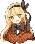  1girl blonde_hair braid brown_capelet brown_hairband brown_ribbon capelet commentary_request crown_braid green_eyes hair_ribbon hairband lobotomy_corporation long_hair looking_at_viewer neck_ribbon open_mouth project_moon ribbon shirt simple_background smile solo teeth tiphereth_a_(project_moon) upper_teeth_only white_background white_shirt willitansov2 