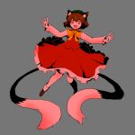  1girl :d animal_ear_fluff animal_ears arms_up bow bowtie brown_hair cat_ears cat_tail chen dress earrings full_body grey_background happy hat highres jewelry long_sleeves looking_at_viewer mob_cap multiple_tails nail_polish nekomata open_mouth orange_eyes red_dress red_nails red_skirt red_vest shishi_(kuroear99) short_hair simple_background single_earring skirt skirt_set smile solo tail touhou two_tails vest yellow_bow yellow_bowtie 