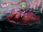  1girl cherry_blossoms copyright_request crossed_arms dress flower in_water kagiyama_hina kneeling long_hair open_mouth pond posumine red_dress red_ribbon red_skirt ribbon short_sleeves skirt smile touhou 