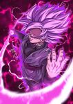  1boy artist_name aura baggy_pants biceps black_pants black_shirt commentary_request dougi dragon_ball dragon_ball_super earrings electricity energy energy_weapon goku_black hand_up highres holding holding_weapon jewelry long_sleeves looking_at_viewer male_focus muscular muscular_male pants parted_lips pectorals pink_hair potara_earrings purple_background purple_sash red_eyes sash seya_(asasei_718) shirt signature smile smirk solo spiky_hair super_saiyan super_saiyan_rose v-shaped_eyebrows weapon 