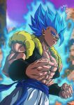  1boy abs artist_name baggy_pants biceps blue_eyes blue_hair blue_sash blurry blurry_background bracer clenched_hand closed_mouth commentary_request dragon_ball dragon_ball_super dragon_ball_super_broly gogeta hands_up highres looking_at_viewer male_focus metamoran_vest mountain muscular muscular_male open_clothes open_vest outdoors pants pectorals purple_sky sash seya_(asasei_718) signature sky smile smirk solo spiky_hair standing super_saiyan super_saiyan_blue v-shaped_eyebrows vest white_pants 