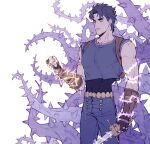  ... 1boy abs backpack bag belt blue_eyes blue_hair clenched_hand closed_mouth commentary_request electricity fingerless_gloves gloves hako_iix07 hamon hermit_purple holding holding_sword holding_weapon jojo_no_kimyou_na_bouken jonathan_joestar luck_and_pluck male_focus muscular muscular_male phantom_blood plant short_hair solo spoken_ellipsis stand_(jojo) standing sword vines weapon white_background 
