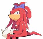  1boy animal_nose bow closed_mouth furry furry_male gloves highres hyeon_sonic knuckles_the_echidna looking_at_viewer male_focus purple_bow red_fur simple_background sitting solo sonic_(series) tail violet_eyes white_background white_gloves 