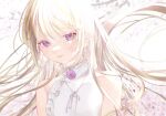  1girl bare_shoulders blonde_hair branch brooch cherry_blossoms commentary_request dress floating_hair frilled_dress frills highres jewelry light_smile long_hair msa_(fary_white) original outdoors sleeveless sleeveless_dress slit_pupils solo upper_body very_long_hair violet_eyes white_dress 