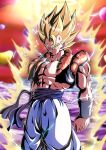  1boy abs arms_at_sides artist_name aura baggy_pants biceps blonde_hair blue_eyes blue_sash blurry blurry_background bracer closed_mouth commentary_request cowboy_shot dragon_ball dragon_ball_z electricity energy gogeta hair_between_eyes highres looking_at_viewer male_focus metamoran_vest muscular muscular_male open_clothes open_vest pants pectorals sash serious seya_(asasei_718) signature solo spiky_hair standing super_saiyan super_saiyan_1 v-shaped_eyebrows vest white_pants 