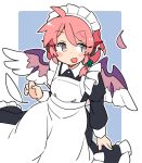  1girl ahoge alternate_costume animal_ears apron bird_ears bird_wings black_dress blush dress enmaided feathered_wings feathers frilled_apron frilled_dress frills grey_eyes highres ini_(inunabe00) long_sleeves maid maid_apron maid_headdress mystia_lorelei open_mouth pink_hair short_hair smile solo touhou white_apron white_wings wings 
