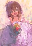  1girl absurdres bouquet brown_eyes brown_hair dress folded_ponytail hair_between_eyes highres holding holding_bouquet inazuma_(kancolle) kaamin_(mariarose753) kantai_collection long_hair looking_at_viewer open_mouth sidelocks smile solo wedding_dress white_dress 