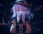  1girl ar_(maeus) black_background black_headwear bow commentary grey_eyes grey_hair hat hat_bow highres holding komeiji_koishi long_sleeves looking_at_viewer short_hair solo third_eye touhou upper_body yellow_bow 