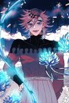 1boy :d abs belt black_hair blonde_hair dark_background demon demon_boy douma_(kimetsu_no_yaiba) fangs fingernails flower glowing grin hand_on_own_hip highres japanese_clothes kimetsu_no_yaiba long_bangs long_fingernails long_hair long_sleeves looking_at_viewer male_focus multicolored_eyes open_mouth portrait sharp_fingernails signature skin_tight smile solo spiky_hair swept_bangs text_in_eyes thick_eyebrows tight_clothes turtleneck yamada_73 