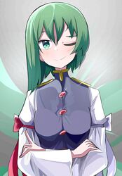  1girl absurdres asymmetrical_hair blush bow breasts buttons closed_mouth crossed_arms epaulettes glint green_eyes green_hair grey_vest hair_between_eyes highres long_bangs long_sleeves looking_at_viewer medium_breasts medium_hair no_headwear one_eye_closed red_bow shiki_eiki shirt sleeve_bow smile solo spam_(spamham4506) split_mouth touhou upper_body vest white_bow white_shirt 