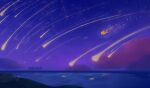  1boy clouds commentary english_commentary flying highres horizon jiiyawns night night_sky outdoors red_footwear scenery shooting_star signature sky solo sonic_(series) sonic_frontiers sonic_the_hedgehog sparkle star_(sky) starry_sky super_sonic water 