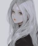  1girl aoi_ogata artist_name black_shirt clip_studio_paint_(medium) closed_mouth forehead from_side grey_background grey_eyes highres long_hair looking_at_viewer looking_to_the_side original red_lips shirt simple_background solo upper_body white_hair 