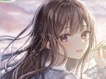  1girl blurry blush bokeh brown_hair bubble bubble_blowing close-up depth_of_field frilled_shirt frills highres holding_straw light_particles light_smile long_hair long_sleeves looking_at_viewer open_mouth original portrait sakura_(39ra) shirt solo violet_eyes 