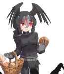  1girl baguette basket bird_girl bird_wings black_hair black_pantyhose black_shirt black_skirt blush bread epaulettes food gloves glowing glowing_eye grey_gloves grey_hair hair_between_eyes head_wings high_collar highres japari_symbol kemono_friends long_sleeves makimaki_ii multicolored_hair pantyhose pleated_skirt ponytail red_eyes shirt short_hair sidelocks skirt smile solo uniform wings yatagarasu_(kemono_friends) 