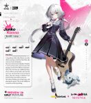  1girl acoustic_guitar ankle_socks artist_request bandages black_footwear black_serafuku blue_eyes bow character_name character_profile collar commentary copyright_name crossover dog dried_squid drooling english_commentary english_text full_body girls_frontline guitar hair_between_eyes hair_ribbon highres holding holding_instrument instrument konno_junko long_hair long_sleeves looking_at_viewer mouth_drool musical_note official_art parted_lips promotional_art ribbon romero_(zombie_land_saga) school_uniform serafuku socks solo spiked_collar spikes twintails white_bow white_hair zombie zombie_land_saga 