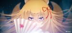  1girl animal_ear_fluff animal_ears artist_name blonde_hair commentary_request covered_mouth eyeliner floating_hair folding_fan fox_ears fox_girl fox_tail green_eyes hair_between_eyes hair_ornament hair_ribbon hand_fan highres holding holding_fan kitsune long_hair looking_at_viewer makeup mon-musu_quest! monster_girl multiple_tails red_eyeliner red_ribbon ribbon solo straight-on tail tamamo_(mon-musu_quest!) to_kage_p twitter_username upper_body 