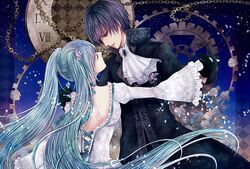  1boy 1girl aqua_hair artist_request blue_eyes blue_hair chain clock dancing dress gold_chain hair_between_eyes hatsune_miku kaito_(vocaloid) long_hair long_sleeves non-web_source short_hair source_request very_long_hair vocaloid white_dress 