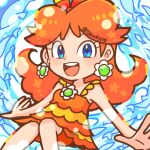  1girl blue_background blue_eyes brown_hair fish long_hair looking_at_viewer lowres open_mouth princess_daisy red_ribbon ribbon skmkz10 smile solo super_mario_bros. swimsuit 