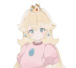  1girl absurdres blonde_hair brooch crown dress earrings expressionless highres jewelry long_hair looking_at_viewer pink_dress princess_peach simple_background solo super_mario_bros. upper_body user_hrgx8448 very_long_hair white_background 