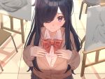  1girl akira_tooru black_hair blazer blue_skirt bow bowtie brown_jacket chair closed_mouth collared_shirt commentary_request easel hair_over_one_eye hands_on_own_chest highres indoors jacket long_hair long_sleeves looking_at_viewer one_eye_covered original partial_commentary pleated_skirt red_bow red_bowtie school_uniform shirt skirt solo violet_eyes white_shirt 