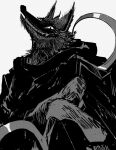  1boy animal_ears black_cloak cloak death_(puss_in_boots) dual_wielding fangs furry furry_male highres holding holding_sickle looking_at_viewer male_focus monochrome pepepegle puss_in_boots puss_in_boots:_the_last_wish smile teeth twin_blades wolf wolf_boy wolf_ears 