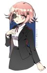  1girl alternate_costume bespectacled black_jacket black_skirt blue_background breasts brown_eyes brown_hair collared_shirt cropped_legs danganronpa_(series) danganronpa_2:_goodbye_despair glasses hair_ornament hairclip hand_up hinata_hajime jacket large_breasts long_sleeves neck_ribbon open_clothes open_jacket pa_zi_dinglu pencil_skirt red_ribbon ribbon shirt short_hair skirt solo translation_request white_background white_shirt x_hair_ornament 