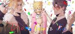  3boys blonde_hair blue_eyes blue_hair braid character_name coat commentary confetti dio_brando family fangs father_and_son feather_boa formal fur_trim giorno_giovanna green_eyes green_lips grin hako_iix07 heart heart-shaped_eyewear jacket jewelry jojo_no_kimyou_na_bouken jonathan_joestar lips long_hair long_sleeves looking_at_viewer male_focus multiple_boys necklace party phantom_blood red_eyes ring shirt short_hair smile stardust_crusaders sunglasses symbol-only_commentary teeth vento_aureo white_jacket white_shirt yellow_nails 