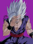  1boy artist_name biceps black_wristband commentary_request dougi dragon_ball dragon_ball_super dragon_ball_super_super_hero gohan_beast grey_hair hand_on_own_forehead hand_up highres looking_at_viewer male_focus muscular muscular_male open_mouth pectorals purple_background red_eyes red_sash sash scratches seya_(asasei_718) signature simple_background solo son_gohan spiky_hair teeth tongue torn_clothes v-shaped_eyebrows veins wristband 