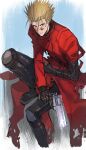  1boy @acchom_zatta black_gloves boots gloves gun hair_between_eyes highres holding holding_gun holding_weapon jewelry male_focus ring sitting solo trigun vash_the_stampede weapon 