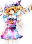  1girl ascot blonde_hair closed_mouth collarbone collared_shirt cowboy_shot flandre_scarlet fragran0live frilled_shirt_collar frilled_skirt frills hair_between_eyes hat hat_ribbon head_tilt light_smile looking_at_viewer medium_hair mob_cap multicolored_wings one_side_up painting_(medium) puffy_short_sleeves puffy_sleeves red_eyes red_ribbon red_skirt red_vest ribbon shirt short_sleeves simple_background skirt skirt_set solo touhou traditional_media vest watercolor_(medium) white_background white_headwear white_shirt wings yellow_ascot 