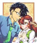  1boy 1girl black_hair blue_shirt blush brown_hair glasses green_eyes green_necktie green_vest hair_ornament hair_over_one_eye hairclip hand_in_another&#039;s_hair hetero inukai_kageyuki kuryuu_kazura long_sleeves necktie ponytail shirt sidelocks simple_background sweatdrop umemaru_93 upper_body vest wanko_ni_kuchizuke white_shirt 