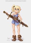  2022 armlet bandaged_hand bandages bare_legs black_hairband blonde_hair blue_eyes blue_tunic boots dress elf fantasy hairband holding holding_sword holding_weapon leather leather_belt leather_boots lettanya_(maxa&#039;) maxa&#039; original patreon_username pointy_ears scabbard scar sheath side_ponytail single-shoulder_dress smile sword weapon 