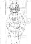  1girl absurdres bags_under_eyes blue_archive can canned_coffee cardigan chihiro_(blue_archive) drooling feet_out_of_frame glasses hair_behind_ear hair_ornament halo highres holding holding_can jacket monochrome necktie open_collar pleated_skirt rabbit_hair_ornament semi-rimless_eyewear short_hair sketch skirt solo under-rim_eyewear ushimochi vending_machine watch watch white_background 